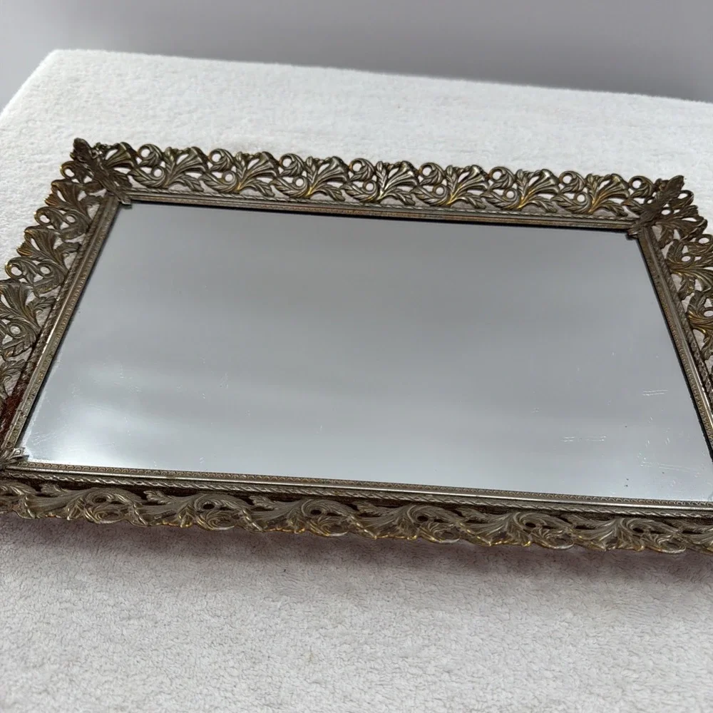 Vintage Footed Vanity Mirror Tray Floral Gold Tone Filigree Frame Felt 15